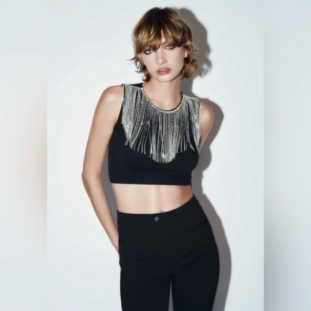Zara Black Rhinestone Tassel Crop Top